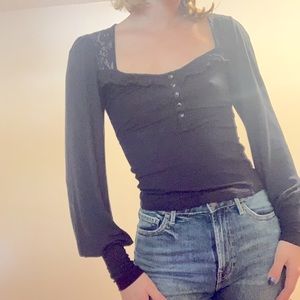 Free People Square neck blouse top with lace detail
